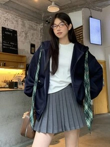 DAZY Women's L Size Hooded Plaid Lace-Up Casual Long Sleeve Sweatshirt Fall,Winter