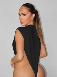 Sirith 女士纯色高腰圆领性感紧身衣 - 黑色 - 查看 2