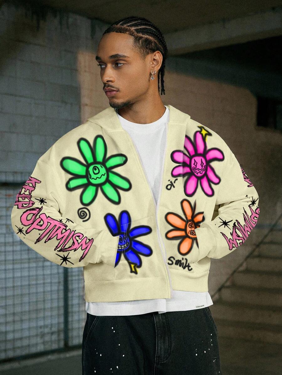 PAVTROS 男士休闲街头风格印花拉链连帽卫衣 - 彩色 - 查看 1