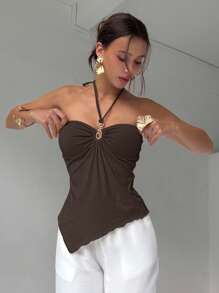 Aloruh Women's Summer Fashion Solid Color Asymmetric Hem Backless Halter Top,Halter Top - Brown - View 4