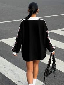 SHEIN EZwear Casual Colorblock Polo Collar Long Sleeve Loose T-Shirt, Suitable For Autumn/Winter, Sports Games, Bow Print, Number 07 Print, Plus Size