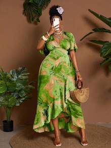 Maweii 大码扎染印花荷叶边下摆休闲度假连衣裙