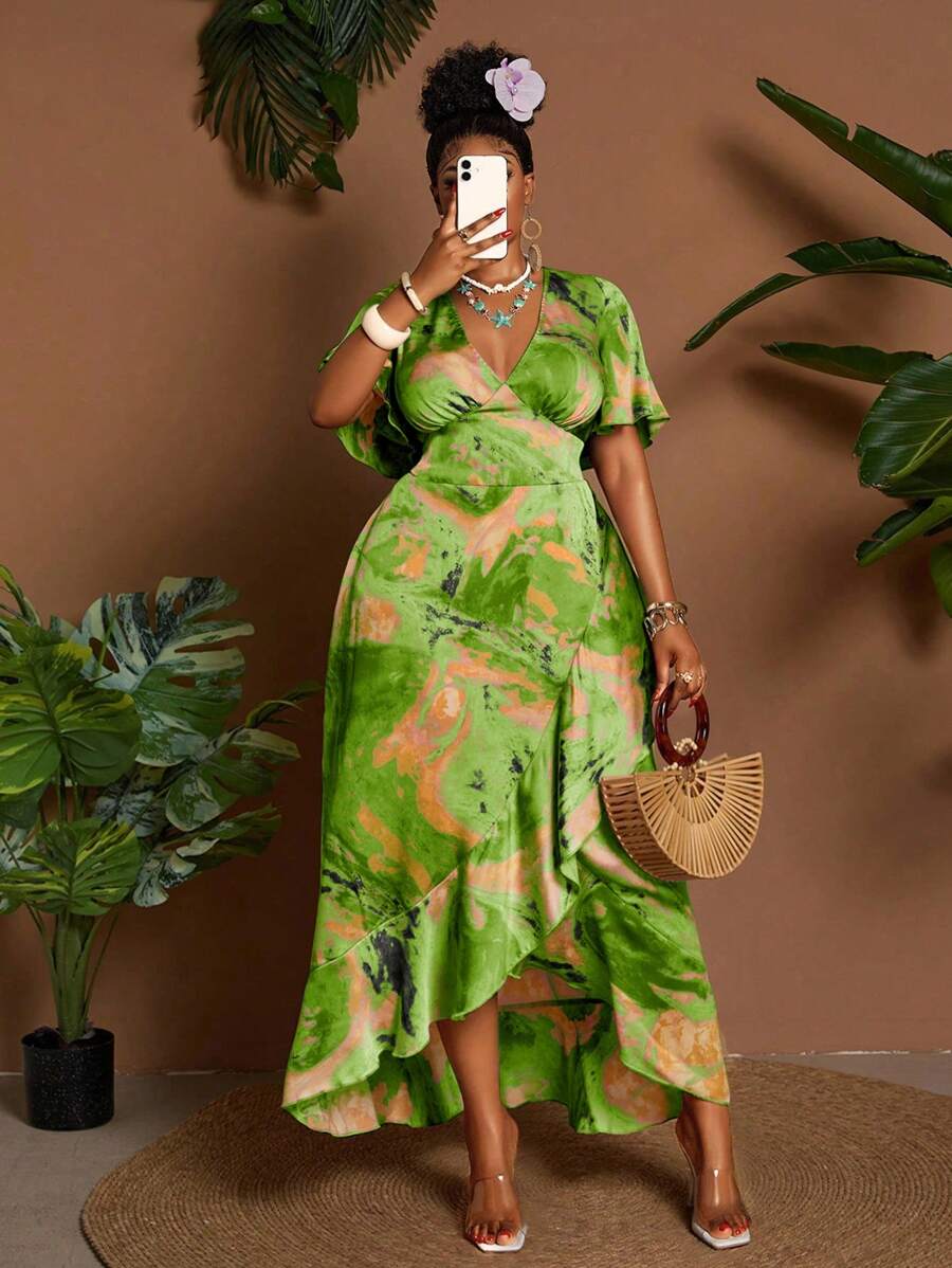 Maweii 大码扎染印花荷叶边下摆休闲度假连衣裙