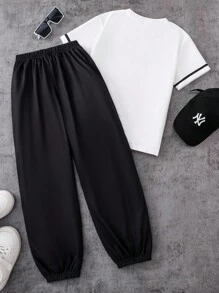 2pcs Tween Boys T-Shirt Co-Ords Everyday Casual And Casual Street Style Black And White Gothic Font Print Regular Fit And Sweatpants Round Neck Regular Thickness Suitable For Every Occasion Spring Autumn And Summer - Black and White - View 2