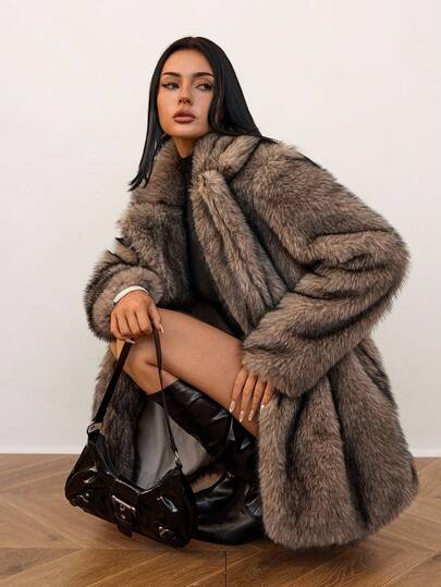 SHEIN Tall Women's Solid Color Minimalist Long Sleeve Faux Fur Jacket, Everyday Wear Brown Fur Coat Autumn Winter Clothes For Women