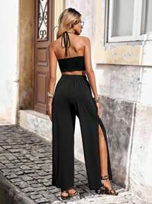 Brillora con cinta en contraste Top halter & de muslo con abertura Pantalones - Negro - Ver 2