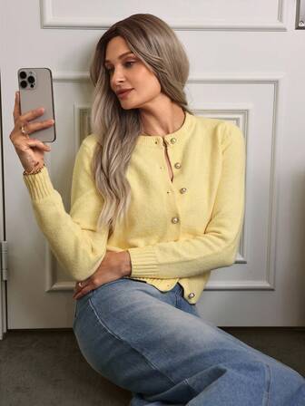 Aalyst Cárdigan elegante y minimalista de cuello redondo, manga larga y un solo botonadura para mujeres, para otoño e invierno, tops de manga larga