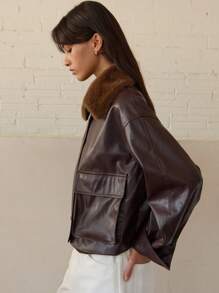 Nöista Women's Fashion Commuter Fur Collar Cropped Jacket - Coffee Brown - View 3
