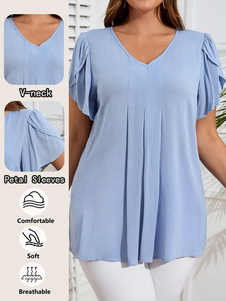 EMERY ROSE 大码女式纯色V领花瓣短袖休闲衬衫，夏季 - 薄荷藍 - 查看 1