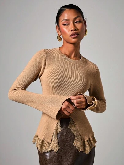 COSMINA Women's Elegant Bell Sleeve Lace Patchwork Crew Neck Knit Top, Autumn/Winter,Fall