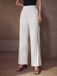 MOTF PREMIUM LINEN CONTRAST TRIM SUIT PANTS - White - View 4