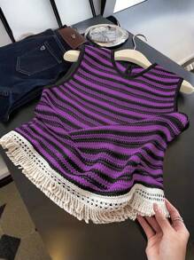 SHEIN Clasi 女士夏季新款钩针流苏装饰上衣 - 紫色 - 查看 3