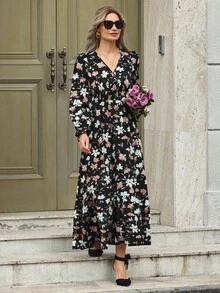 EMERY ROSE Vestido largo con estampado floral, mangas de volantes y bajo con volantes para mujer