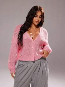 Rustia Áo len cardigan đính ngọc trai cỡ lớn dễ thương phong cách đường phố, màu hồng, mùa thu/đông - Hồng - Xem 2