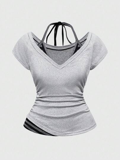 Grunge Punk Sexy T-shirt da donna Y2K 2 in 1 a scollo a V a righe con colore a contrasto, con fiocco alla nuca, colore grigio