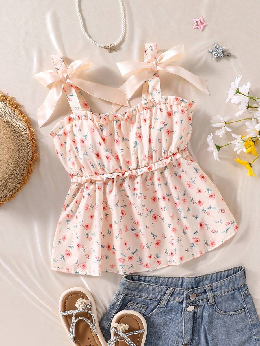 女童花卉印花蝴蝶结荷叶边吊带背心