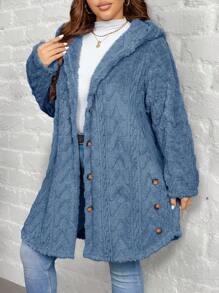 Rusticease Textured Plush Warm Comfortable Button Decorated Hooded Plus Size Jacket ,Spring - Blue - View 3