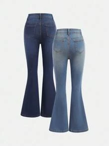 SHEIN Bộ 2 quần jeans ống loe ôm sát, đơn giản và thoải mái màu xanh đậm và xanh nhạt dành cho bé gái tuổi teen, thích hợp mặc đi học, đi lễ hội hoặc ở nhà. - Nhiều màu - Xem 2