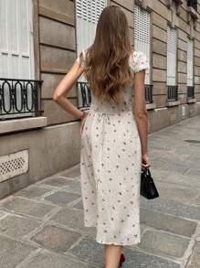 Pariaura Váy midi dáng chữ A cổ chữ V tay ngắn xếp nếp họa tiết chấm bi lãng mạn kiểu Pháp dành cho nữ, trang phục mùa hè cho trường đại học - Màu be - Xem 2