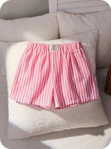 Woven Striped Letter Print Leisure Shorts - Pink - View 1