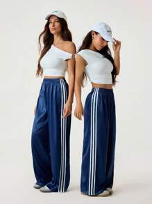 SHEIN Tall Women's Summer Y2K Streetwear Date Night Contrast Color Ribbon Striped Leather Sports Trousers