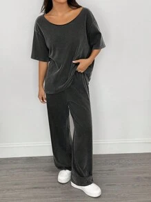 SHEIN PETITE 2pcs Women Casual Distressed Washed Loose Oblique Shoulder T-Shirt And Pants Set - Black - View 3