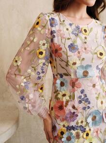 Anewsta Elegant Round Neck Lantern Sleeve Dress With 3D Floral Embroidery And Mesh, Autumn