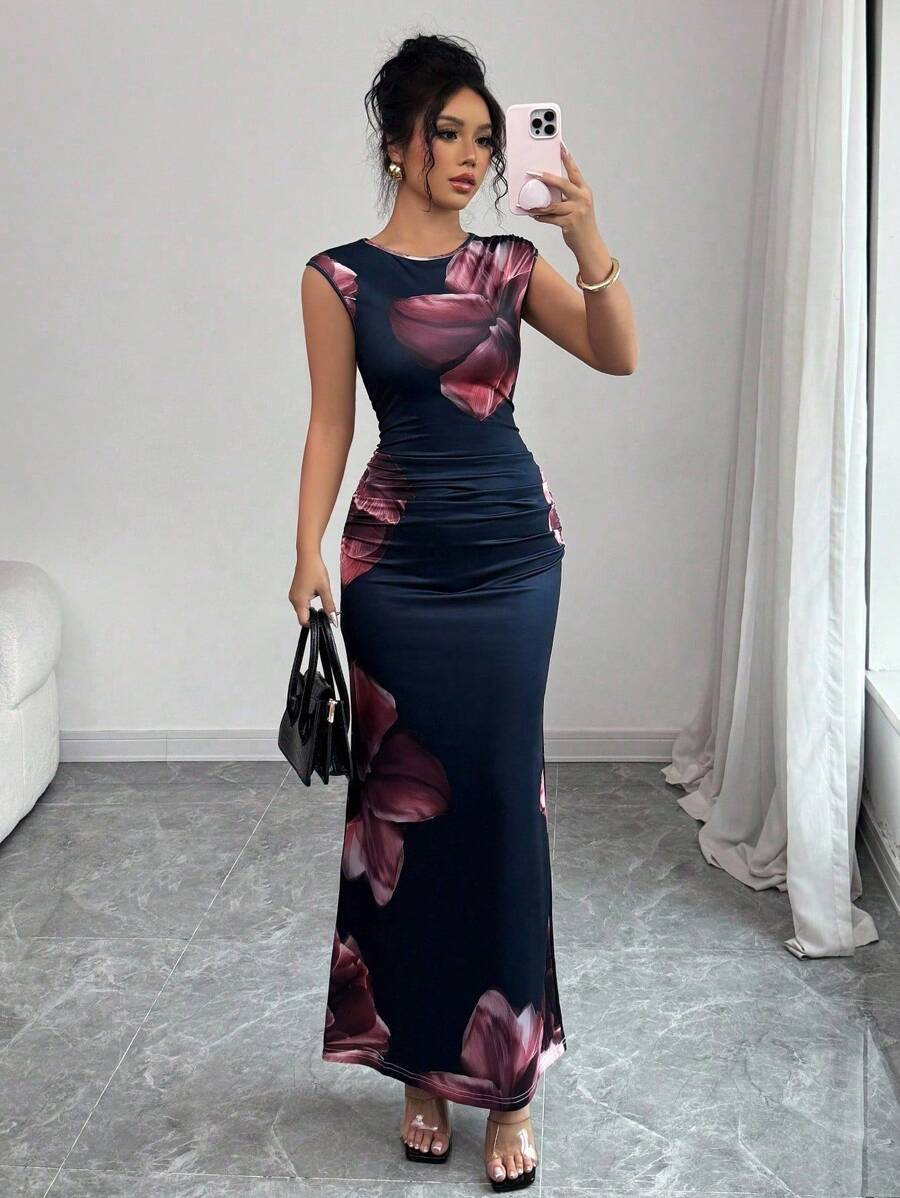 Elenzga Fashion Round Neck Sleeveless Floral Printed Elegant Dress For Women Vacation