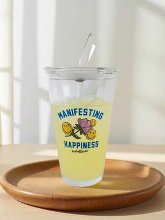 SmileyWorld® | SHEIN 450ml Clear Glass Cup With Smiling Face & Letter Graphic, Elegant Gift Idea For Birthday Or Holidays