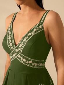 CAJUNI 女式波西米亚风香蕉树和椰子树印花无袖黑色长款连体裤，假日休闲海滩夏季连体裤 - 綠色 - 查看 5