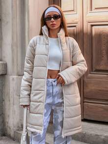 EURMUSE Women's Casual Everyday Simple Solid Color High Collar Zip-Up Long Padded Coat, Winter - Beige - View 6