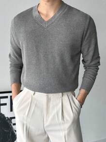 DAZY 男士纯灰色V领毛衣，通勤风格，秋季 - 灰色 - 查看 2