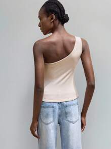 Maija 女士百搭卡其色都市时尚不对称圆领罗纹针织上衣波西米亚风 - 卡其色 - 查看 3