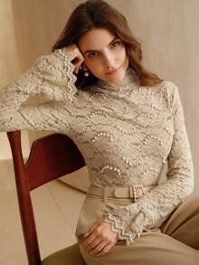 Anewsta 女士优雅珍珠蕾丝高领喇叭袖上衣，秋冬 - 卡其色 - 查看 3