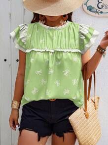 SHEIN Holidaya Plus Size Women's Round Neck Cap Sleeve Blouse With Random Bow Print - Multicolor - View 3