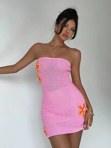 Aloruh Women's Contrast Color 3D Floral Halter Knit Dress, Suitable For Spring/Summer Vacation - Pink - View 10