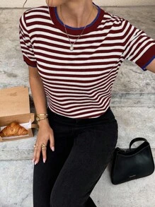 Serisse Vacation Casual Colorblock Striped Short Sleeve Knit Top Christmas Summer New Year Red Burgundy - Burgundy - View 3