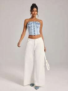 SHEIN Tall Women's Single-Breasted Frayed Hem Cropped Denim Camisole Top - Light Wash - View 6