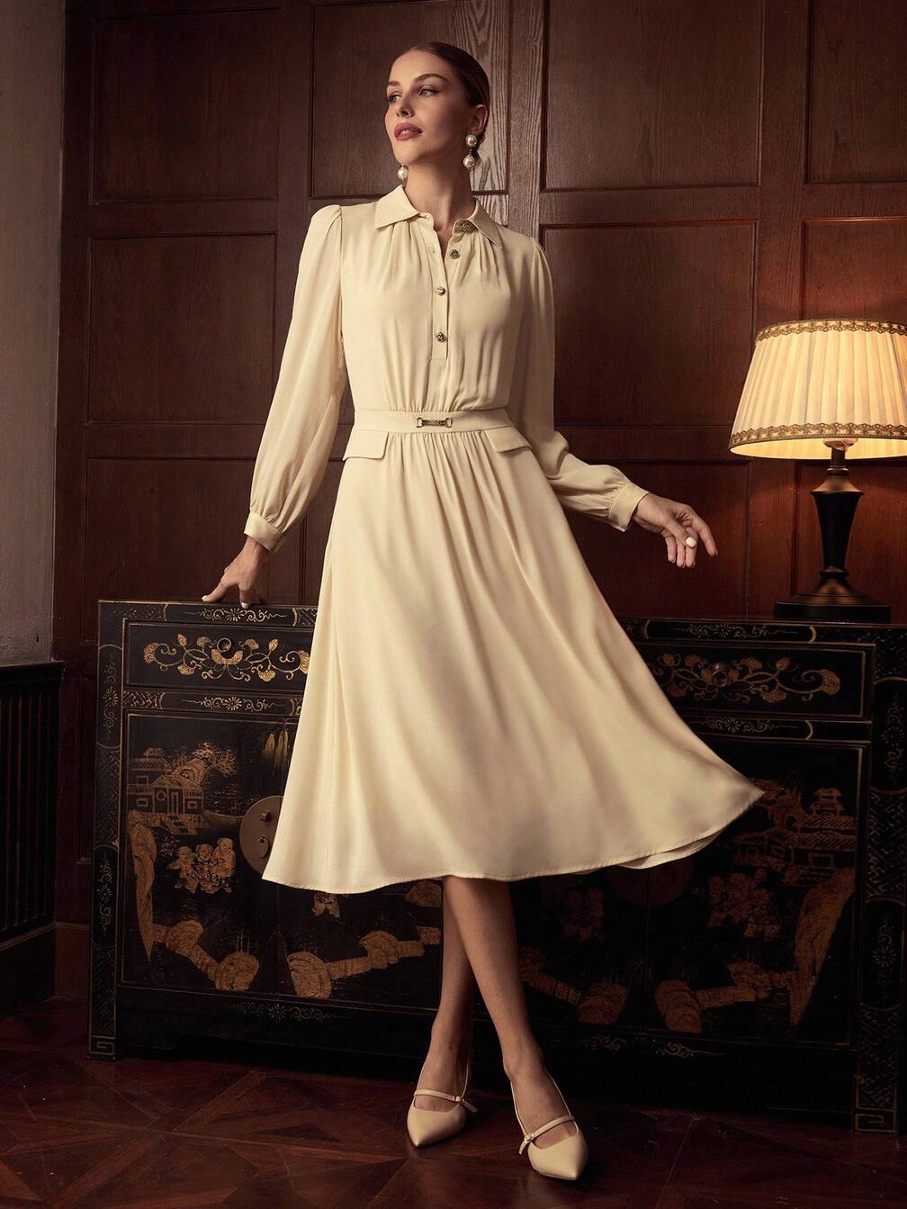winter chiffon dress ZEYLAH Waist Cinched Metal Decor Chiffon Maxi Dress, Autumn/Winter