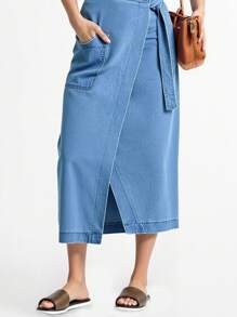 Daynim 女式不对称系腰中蓝色牛仔吊带裙 - 中等水洗藍 - 查看 3