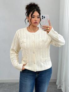 Elenzga Plus Size Casual Solid Color Knit Cardigan Fall Winter Cloth For Women Autumn - White - View 9