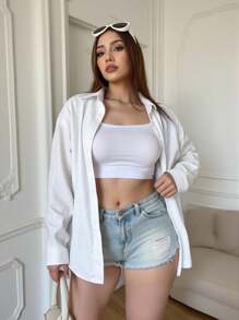 INAWLY 大码女式休闲百搭纯色长袖衬衫