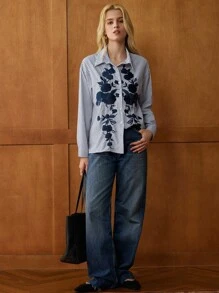 Écloséra Cămașă retro franceză cu rever, mânecă lungă, un singur nasture, brodată cu dungi, primăvară/toamnă - Multicolor - Vizualizare 3