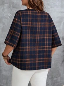 EMERY ROSE Plus Size Casual Plaid Notched Neck Shirt, Fall Women Clothes, Fall Tops Women, Women's Fall Clothes, V Neck Plaid Tops, Suitable For Autumn & Winter Chic Tops,Fall Clothes For Women