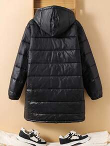 SHEIN Teen Boys' Padded Puffer Coat Casual Comfortable Versatile Hooded Long Winter Quilted Coat Fall Autumn And Winter New Knee-Length Black Hooded Pocket Collegiate Style Winter  Warm Down Jacket For Teen Boys Boys Long Coats Boy Winter Coat Puffer Jacket Kids Boy Jackets For Kids Black - Black - View 5