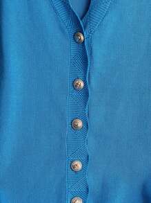 SHEIN Clasi Plus Size Women's Solid Color Single-Breasted Ruffle Short Sleeve Casual Cardigan - Blue - View 4