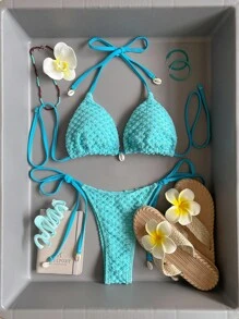 Swim Vcay Summer Beach Solid Textured Halter Triangle Bikini Set