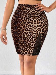 SHEIN Lady Women's Leopard Print Spliced Mesh Bright Diamond Knitted Skirt,Tan,Summer,Seksi Chic,Date Night Elegant Vacation Business Casual Office Work Skirt - Multicolor - View 6