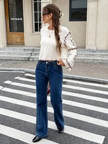 SHEIN Frenchy Women's Loose Fit Crew Neck Ruffle Trim Long Sleeve Sweater Autumn Winter Clothes For Women Casual - Beige - View 5