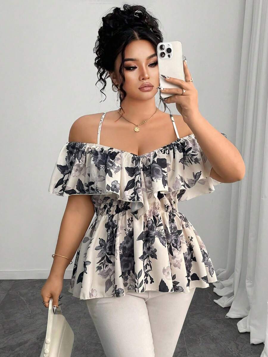 Elenzga Plus Size Spring/Summer Off Shoulder Ruffle Hem A-Line Shirt Plus Size Off Shoulder Top Plus Size Floral Top Plus Size Summer Top Women Plus Size Floral Top Plus Size Ruffle Top - Apricot - View 1